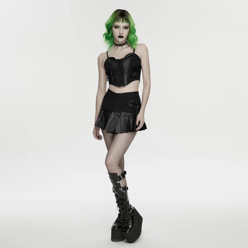 Schwarzer Cyberpunk-Einteiler mit asymmetrischem Faltenrock für Damen