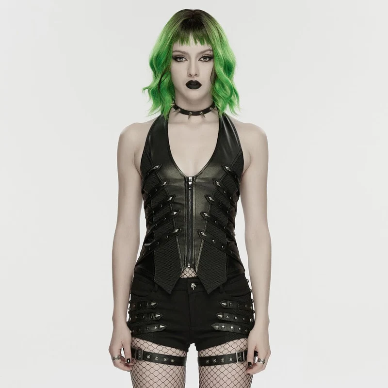 Punk-Neckholderweste für Damen mit Nietenriemen