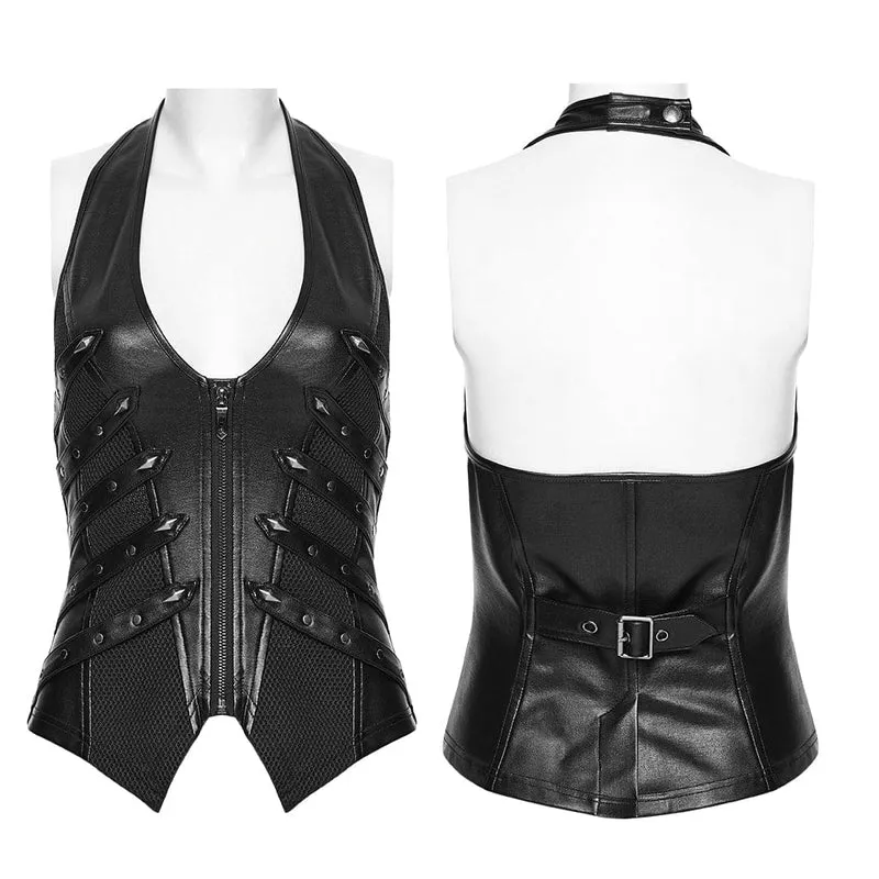 Punk-Neckholderweste für Damen mit Nietenriemen