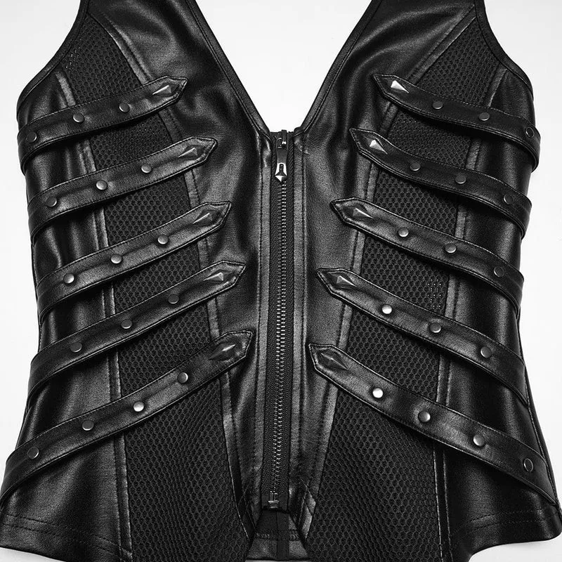 Punk-Neckholderweste für Damen mit Nietenriemen