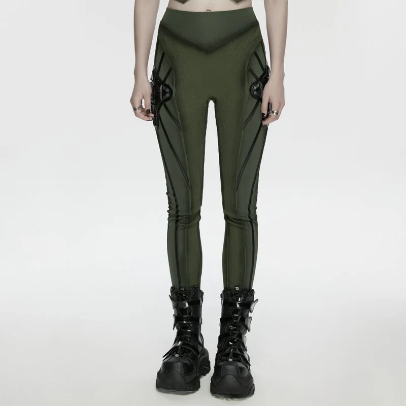 Leggings für Damen mit Cyberpunk-Rüstungsdetails, schwarz-grün