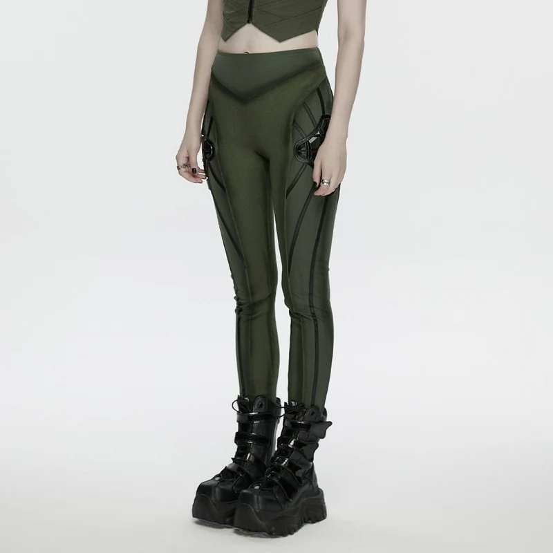 Leggings für Damen mit Cyberpunk-Rüstungsdetails, schwarz-grün