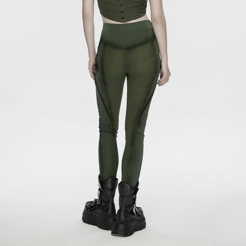 Leggings für Damen mit Cyberpunk-Rüstungsdetails, schwarz-grün