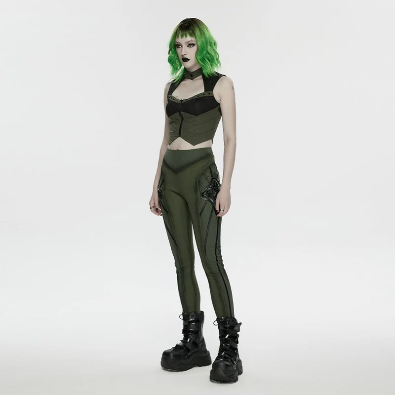 Leggings für Damen mit Cyberpunk-Rüstungsdetails, schwarz-grün