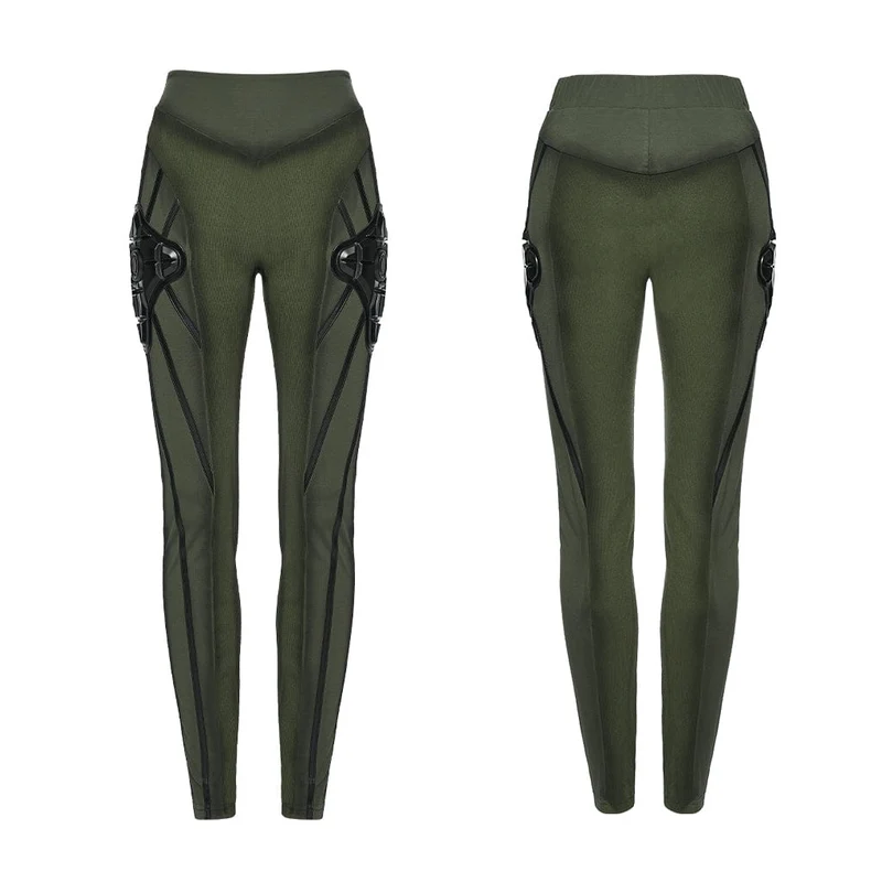 Leggings für Damen mit Cyberpunk-Rüstungsdetails, schwarz-grün