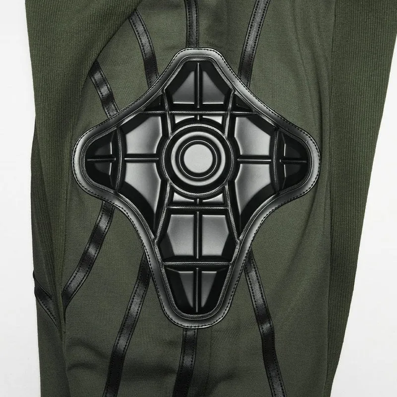 Leggings für Damen mit Cyberpunk-Rüstungsdetails, schwarz-grün
