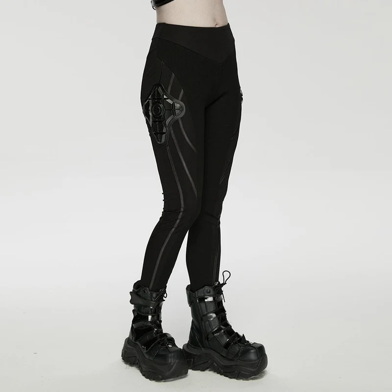 Schwarze Leggings für Damen mit Cyberpunk-Rüstungselementen