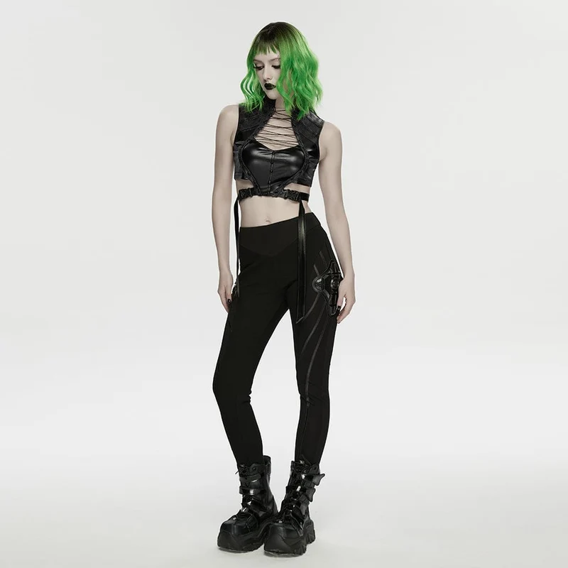 Schwarze Leggings für Damen mit Cyberpunk-Rüstungselementen