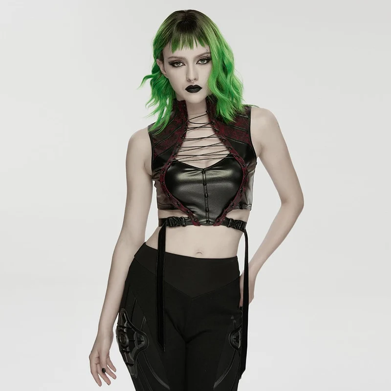 Cyberpunk-Crop-Top mit Nieten, Cut-outs und Trägern für Damen, Schwarz-Rot