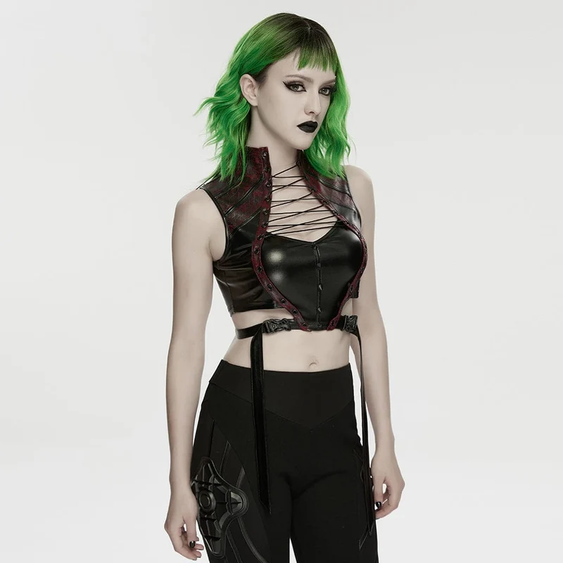 Cyberpunk-Crop-Top mit Nieten, Cut-outs und Trägern für Damen, Schwarz-Rot
