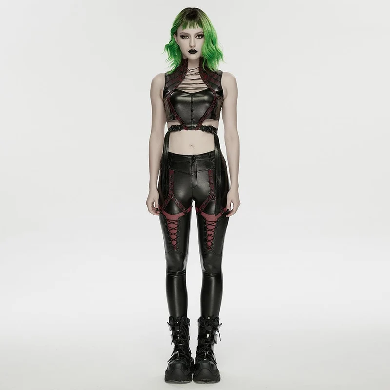 Cyberpunk-Crop-Top mit Nieten, Cut-outs und Trägern für Damen, Schwarz-Rot