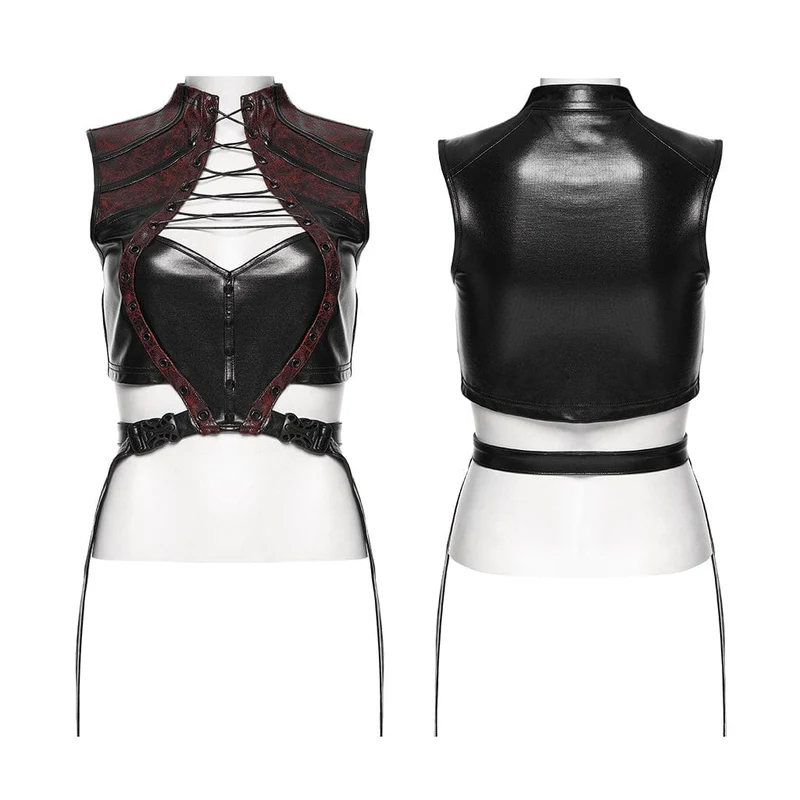 Cyberpunk-Crop-Top mit Nieten, Cut-outs und Trägern für Damen, Schwarz-Rot