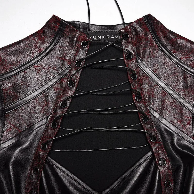 Cyberpunk-Crop-Top mit Nieten, Cut-outs und Trägern für Damen, Schwarz-Rot