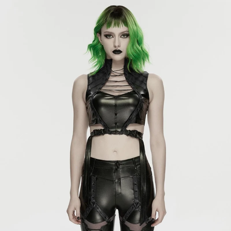 Schwarzes Cyberpunk-Crop-Top mit Nieten und Cut-outs für Damen