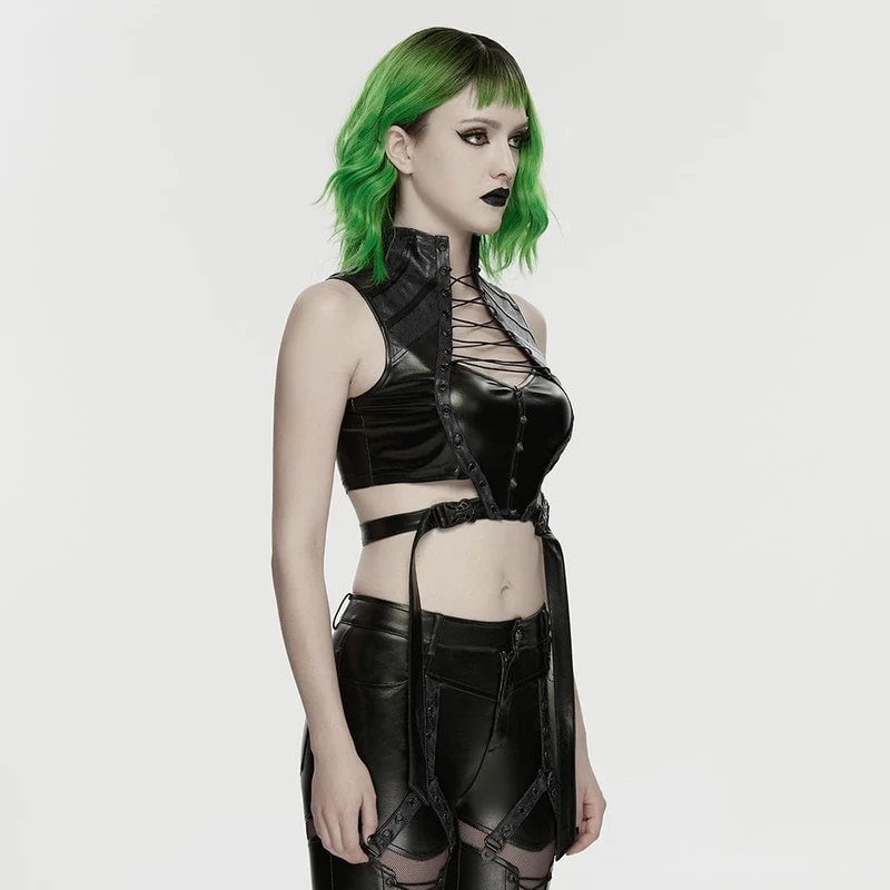 Schwarzes Cyberpunk-Crop-Top mit Nieten und Cut-outs für Damen