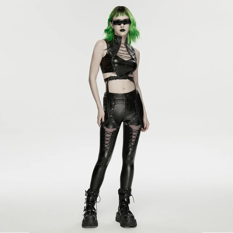 Schwarzes Cyberpunk-Crop-Top mit Nieten und Cut-outs für Damen
