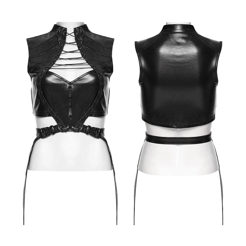 Schwarzes Cyberpunk-Crop-Top mit Nieten und Cut-outs für Damen