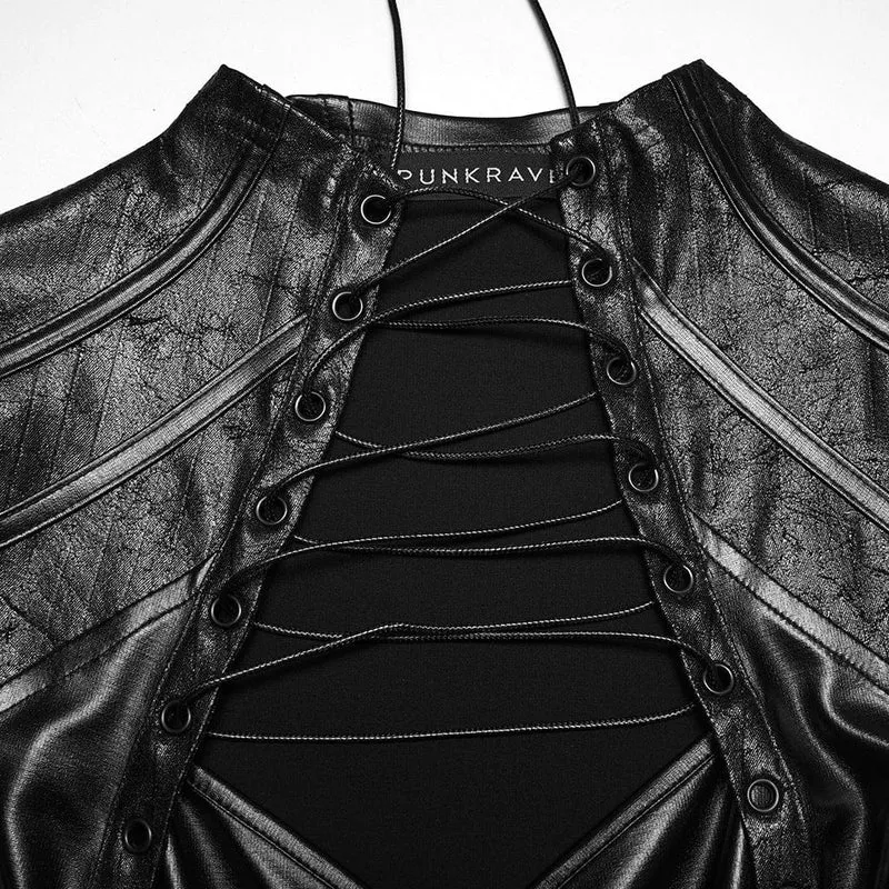 Schwarzes Cyberpunk-Crop-Top mit Nieten und Cut-outs für Damen