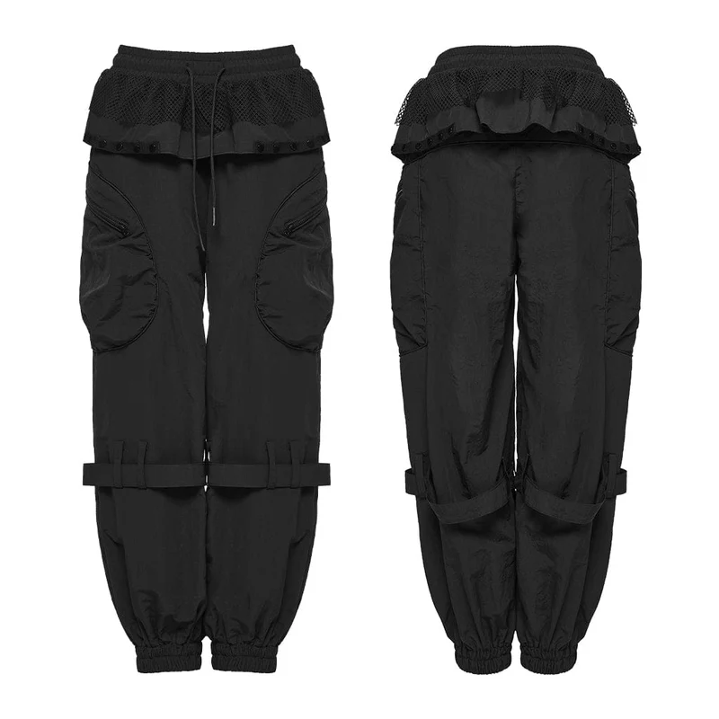 Punk-Cargohose für Damen mit Rüschensaum und großen Taschen