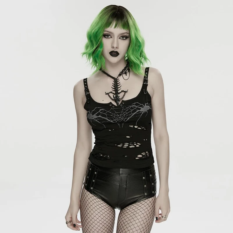 Schwarzes, zerrissenes Punk-Tanktop für Damen mit Spinnen- und Spinnennetz-Print