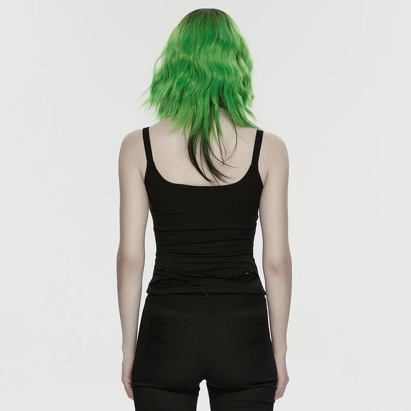Schwarzes, zerrissenes Punk-Tanktop für Damen mit Spinnen- und Spinnennetz-Print