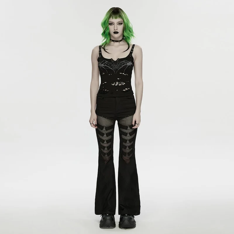 Schwarzes, zerrissenes Punk-Tanktop für Damen mit Spinnen- und Spinnennetz-Print
