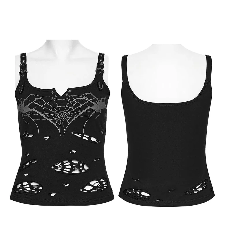 Schwarzes, zerrissenes Punk-Tanktop für Damen mit Spinnen- und Spinnennetz-Print
