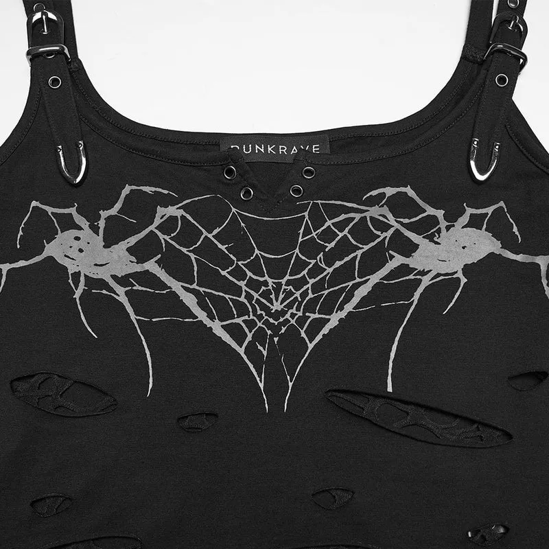Schwarzes, zerrissenes Punk-Tanktop für Damen mit Spinnen- und Spinnennetz-Print