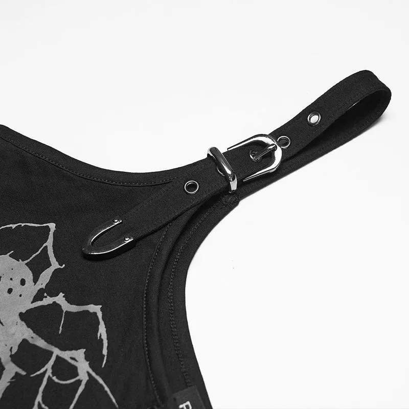 Schwarzes, zerrissenes Punk-Tanktop für Damen mit Spinnen- und Spinnennetz-Print