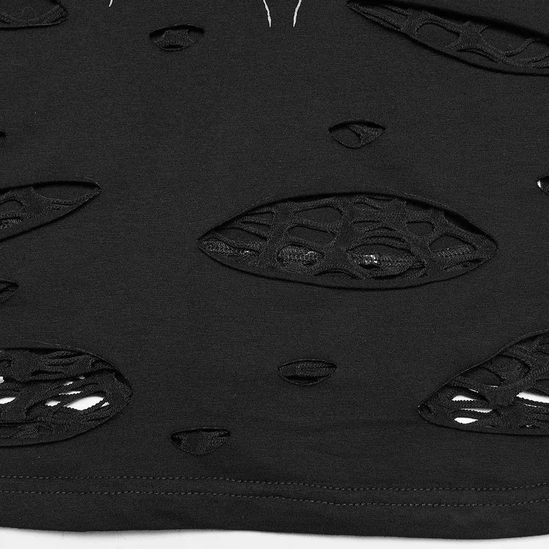 Schwarzes, zerrissenes Punk-Tanktop für Damen mit Spinnen- und Spinnennetz-Print