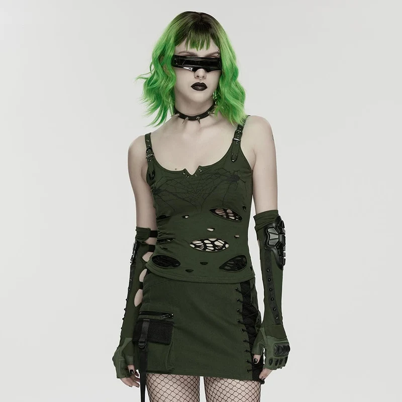 Punk-Tanktop für Damen mit Spinnen- und Spinnennetz-Print, zerrissen, schwarz-grün