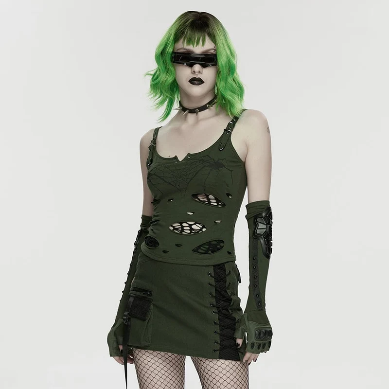 Punk-Tanktop für Damen mit Spinnen- und Spinnennetz-Print, zerrissen, schwarz-grün