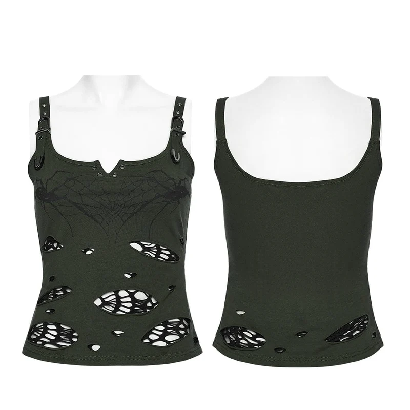 Punk-Tanktop für Damen mit Spinnen- und Spinnennetz-Print, zerrissen, schwarz-grün
