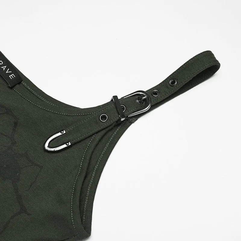 Punk-Tanktop für Damen mit Spinnen- und Spinnennetz-Print, zerrissen, schwarz-grün