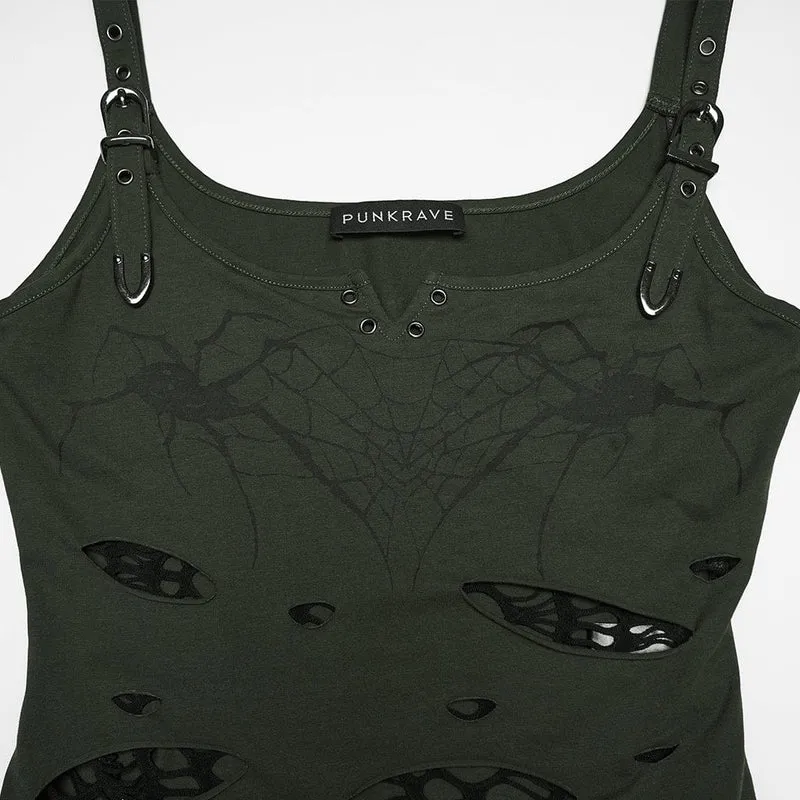 Punk-Tanktop für Damen mit Spinnen- und Spinnennetz-Print, zerrissen, schwarz-grün