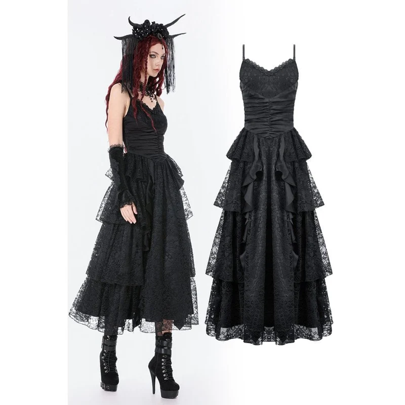 Gothic-Maxikleid mit Lagen aus Spitze und Raffungen für Damen – Hochzeitskleid