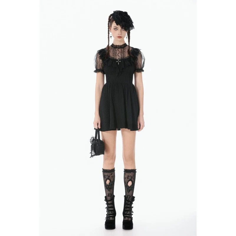 Gothic-Spitzenkleid mit gekreuzten Rüschen und kurzen Ärmeln für Damen, Abschlusskleid
