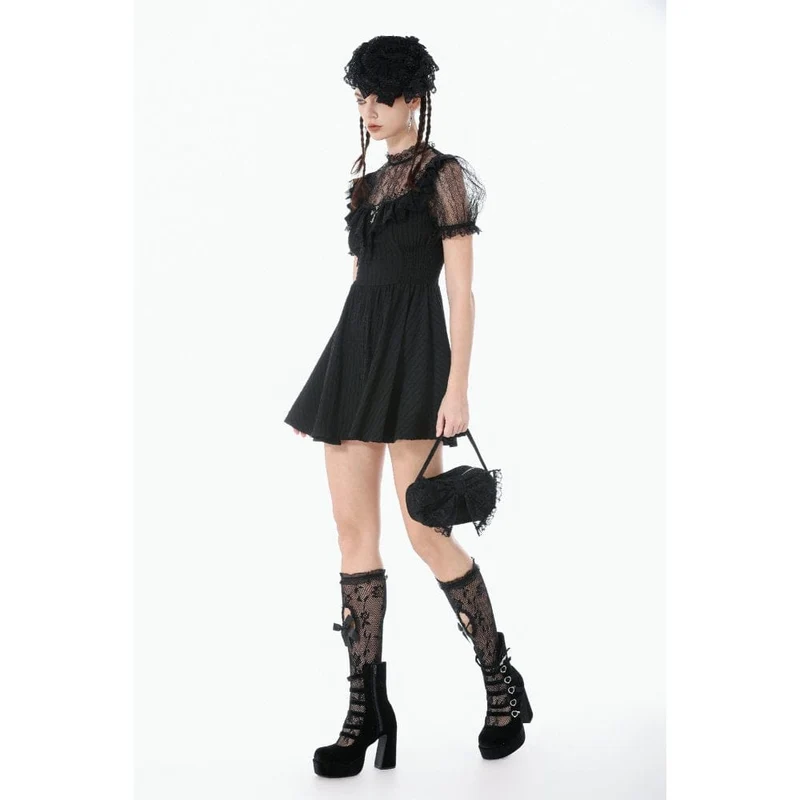 Gothic-Spitzenkleid mit gekreuzten Rüschen und kurzen Ärmeln für Damen, Abschlusskleid