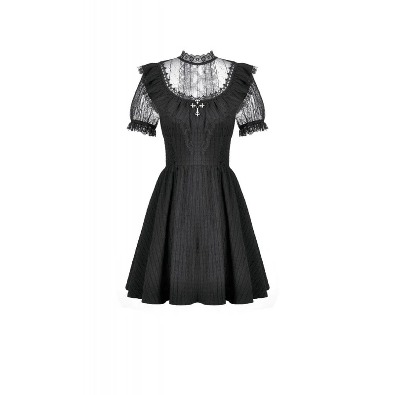Gothic-Spitzenkleid mit gekreuzten Rüschen und kurzen Ärmeln für Damen, Abschlusskleid