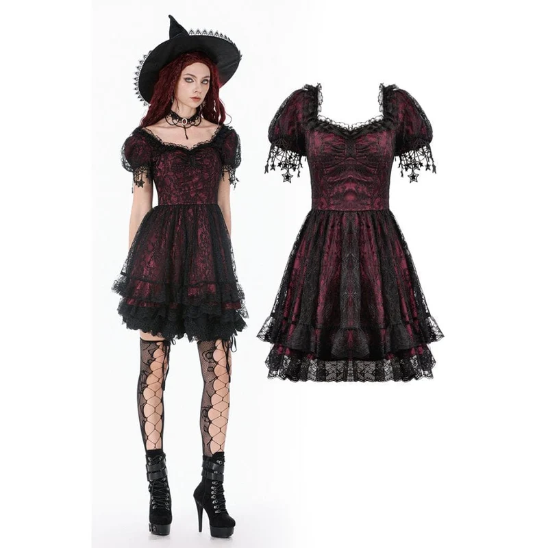 Gothic-Spitzenkleid für Damen mit Sternenmuster, eckigem Kragen und kurzen Ärmeln – Abschlusskleid