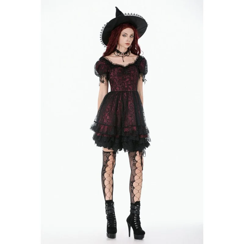 Gothic-Spitzenkleid für Damen mit Sternenmuster, eckigem Kragen und kurzen Ärmeln – Abschlusskleid