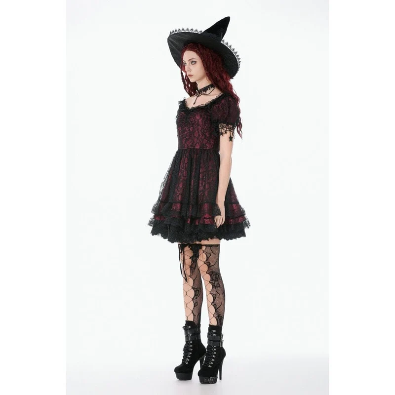 Gothic-Spitzenkleid für Damen mit Sternenmuster, eckigem Kragen und kurzen Ärmeln – Abschlusskleid
