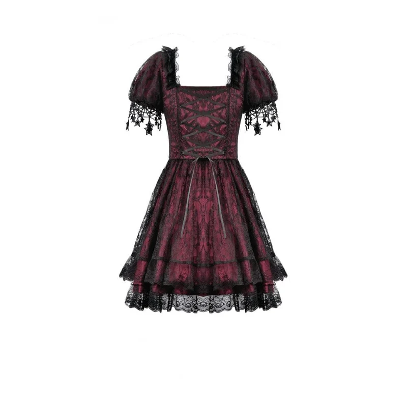 Gothic-Spitzenkleid für Damen mit Sternenmuster, eckigem Kragen und kurzen Ärmeln – Abschlusskleid