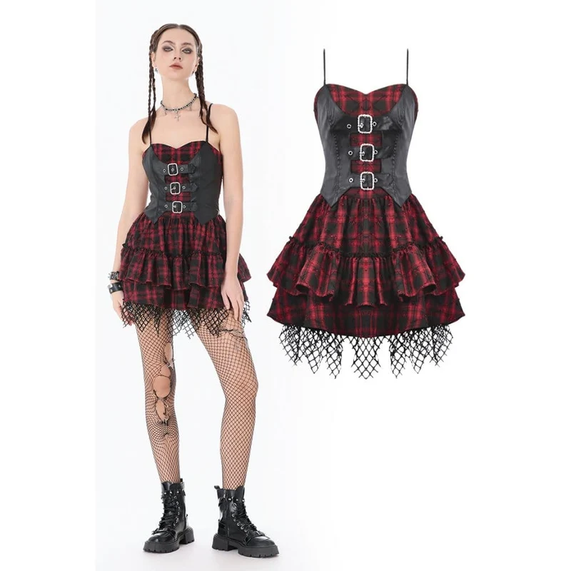 Grunge-Kleid mit Schnallenverschluss, kariert, für Damen, Abschlusskleid