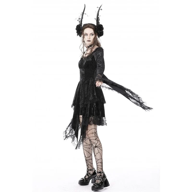 Gothic-Kleid für Damen mit unregelmäßig ausgestellten Ärmeln, Spitzeneinsatz und Samtbesatz, Abschlusskleid