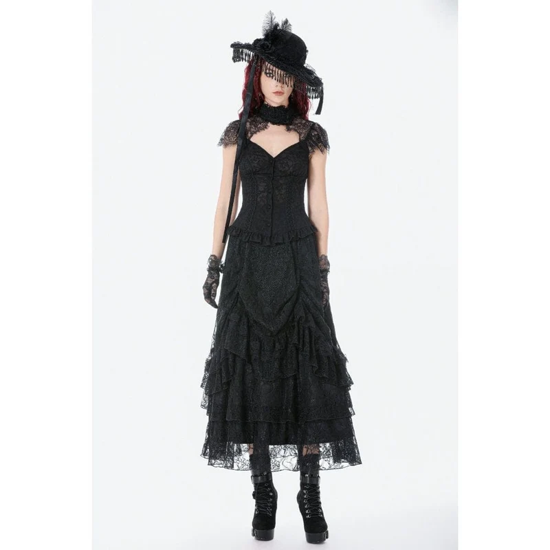 Gothic-Maxirock für Damen mit Spitze, Lagen und Raffungen