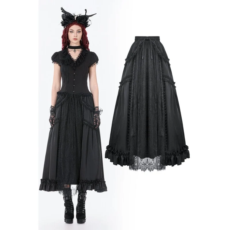Schwarzer Gothic-Maxirock aus Spitze mit Rüschen und Raffungen für Damen