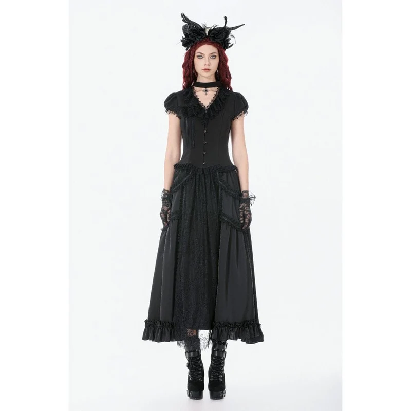 Schwarzer Gothic-Maxirock aus Spitze mit Rüschen und Raffungen für Damen