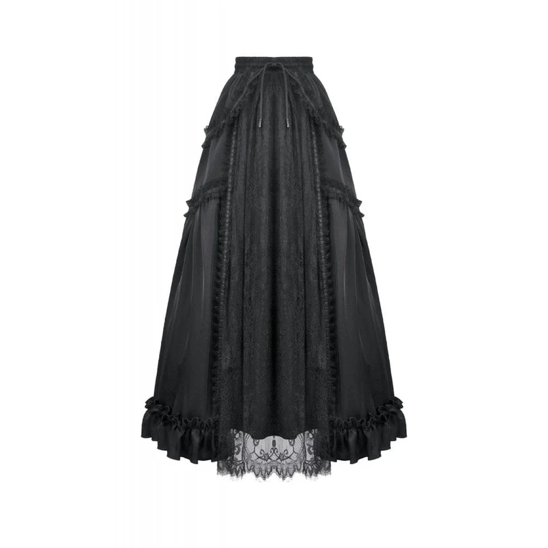 Schwarzer Gothic-Maxirock aus Spitze mit Rüschen und Raffungen für Damen