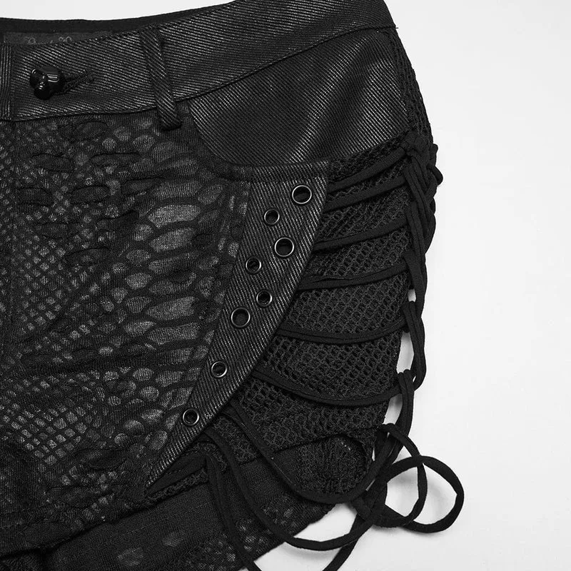 Punk-Shorts für Damen mit Ösen, Rissen und niedrigem Bund